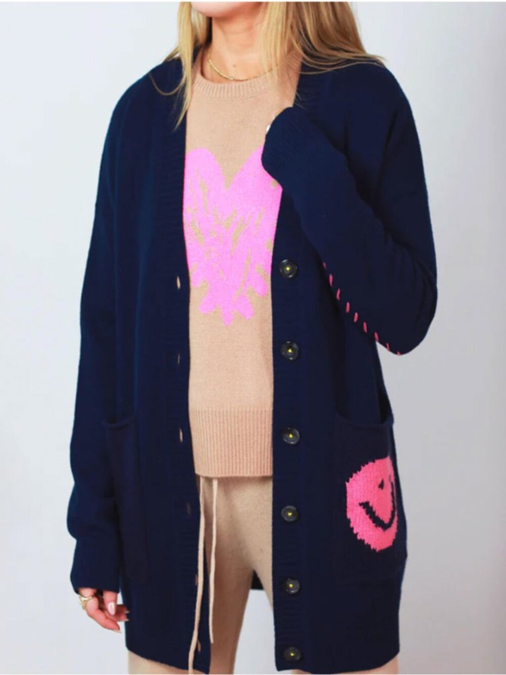 Kerri Rosenthal 100% Cashmere Indigo Smiley Pocket Poppy Cardigan